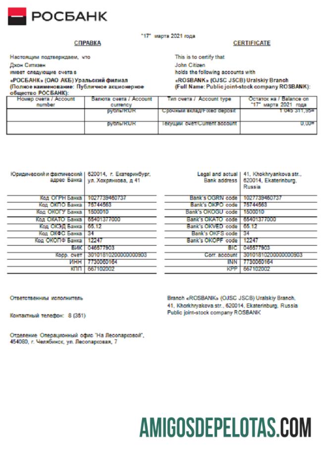 Referência gratuita do Rosbank na Rússia amostra